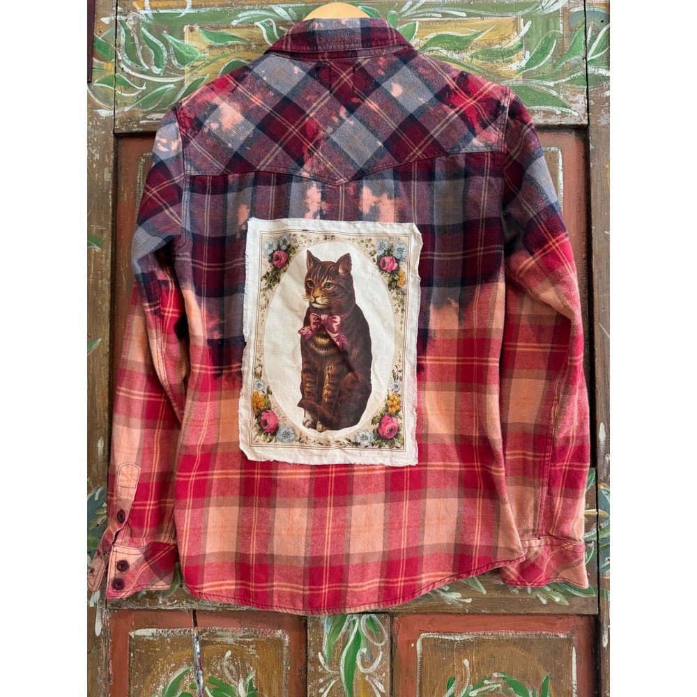 Upcycled/Reworked Flannel Shirt| Vintage‎ Cat Patchwork| Cottage Core| XS